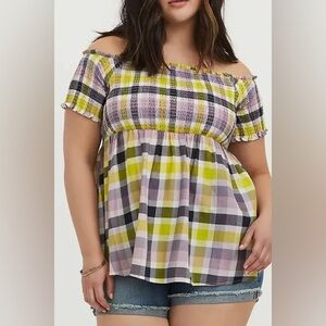 TORRID Off the Shoulder Plaid Peplum Smocked Babydoll Gauze Top Plus Size 0X 0